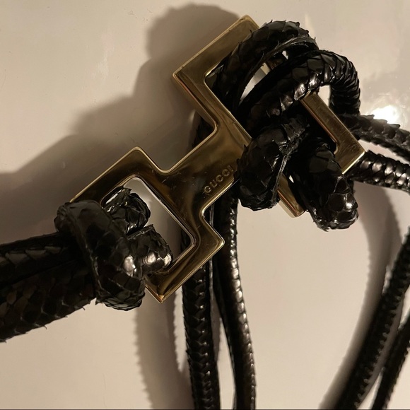 Gucci Black Python Snake Leather Gold Tie Belt - Picture 5 of 17